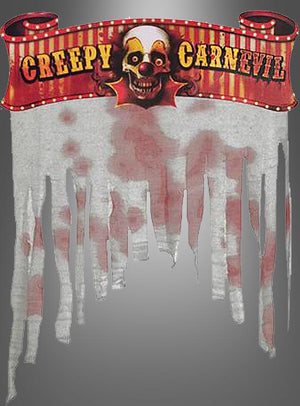 Auf einem zerfledderten Banner steht „Creepy Carnevil“, darüber ist ein unheimliches Clownsgesicht zu sehen, das rote Flecken und ausgefranste, zerrissene Ränder aufweist – damit ist die Eingangstür-Dekoration „Halloween Party 97 cm“ die ideale Wahl, um Ihrem Eingangsbereich eine gruselige Note zu verleihen oder auf Ihrer Halloween-Party einen schaurigen Türbanner-Effekt zu erzielen.