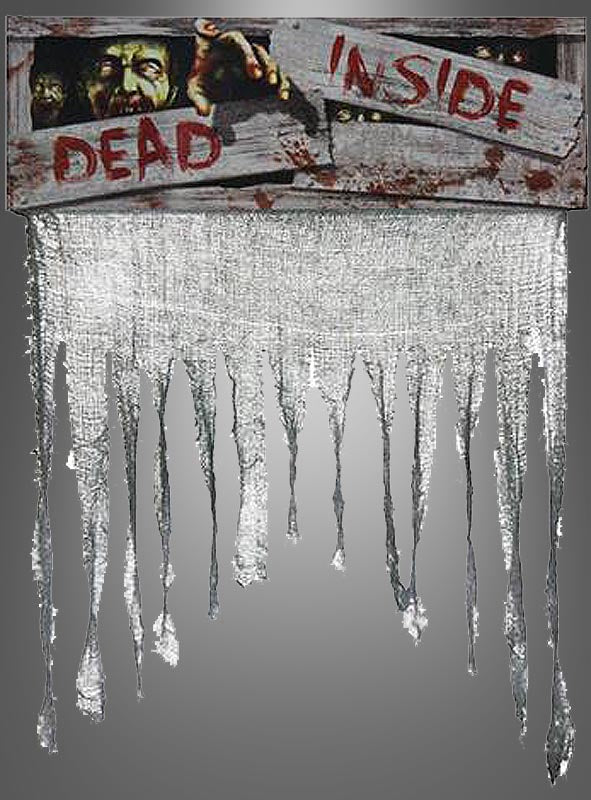 Eine 97 cm große Türdekoration für die Halloween-Party trägt die Aufschrift „DEAD INSIDE“ in fetten roten Buchstaben, die mit Blutspritzern übersät sind, und ist mit zerfetzten silbernen Luftschlangen verziert; Hinter dem Schild lauern Zombie-Figuren und sorgen so für ein wahrhaft schauriges Türbanner – damit ist es die perfekte Wahl für Ihre nächste gruselige Eingangsdekoration auf jeder Halloween-Party.