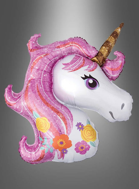 Der SuperShape Einhorn-Folienballon (83 x 73 cm) ist ein folienbeschichteter Ballon in Form eines Einhornkopfes mit einem goldenen Horn, einer rosa Mähne und floralen Akzenten auf einem grauen Hintergrund mit Farbverlauf – damit ist er ein bezaubernder Blickfang für jede Ballon-Dekoration zum Kindergeburtstag oder für eine Einhorn-Party.