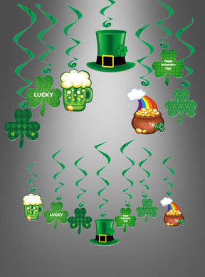 Feiern Sie stilvoll mit den „Saint Patrick’s Day Deko Swirls“ (14 Stück) – grünen Hängedekorationen mit Kleeblättern, Koboldhüten, Bierkrügen und Goldtöpfen vor einem grauen Farbverlaufshintergrund. Diese grünen Swirls sind die perfekte irische Dekoration für Ihre Feier zum St. Patrick’s Day!.