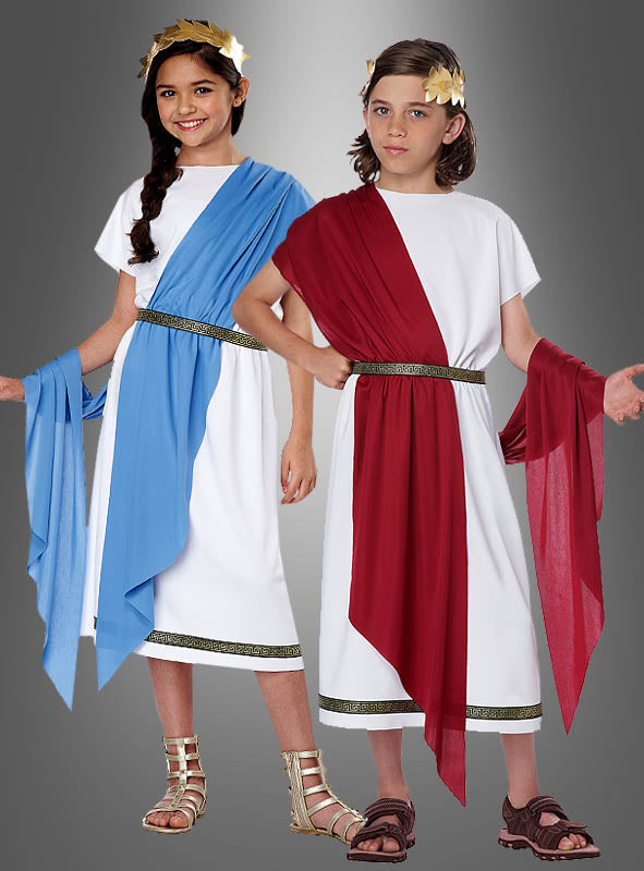 Zwei Kinder tragen eine „Römer Toga für Kinder“ – klassische weiße Tuniken mit goldenen Gürteln und Lorbeerkränzen; eines hat eine blaue Schärpe, das andere eine rote. Beide stehen vor einem grauen Hintergrund und sind wunderschön in römische Kostüme gekleidet.