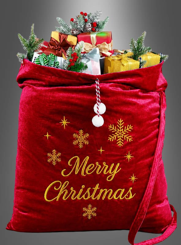 Der „Santa Geschenksack XXL rot“ ist ein großer, roter Weihnachtssack aus Samt, der mit der Aufschrift „Merry Christmas“ und goldenen Schneeflocken bestickt ist. Er eignet sich ideal zur Aufbewahrung von verpackten Geschenken und Weihnachtsdekorationen, damit all Ihre festlichen Überraschungen an einem Ort bleiben.
