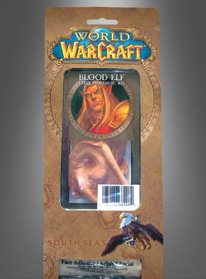 „Elfenohren“-Latex-Prothesen-Set für „World of Warcraft“ in der Originalverpackung, das einen Blutelfen-Charakter zeigt und durch ein durchsichtiges Kunststofffenster Einblick in den Inhalt – wie beispielsweise Blutelfen-Ohren – gewährt. Dieses offizielle Blizzard-Lizenzprodukt ist das perfekte Accessoire für jeden „World of Warcraft“-Horde-Fan.
