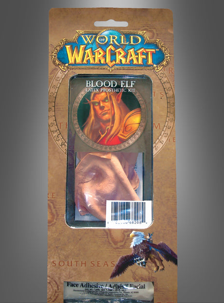 „Elfenohren“-Latex-Prothesen-Set für „World of Warcraft“ in der Originalverpackung, das einen Blutelfen-Charakter zeigt und durch ein durchsichtiges Kunststofffenster Einblick in den Inhalt – wie beispielsweise Blutelfen-Ohren – gewährt. Dieses offizielle Blizzard-Lizenzprodukt ist das perfekte Accessoire für jeden „World of Warcraft“-Horde-Fan.