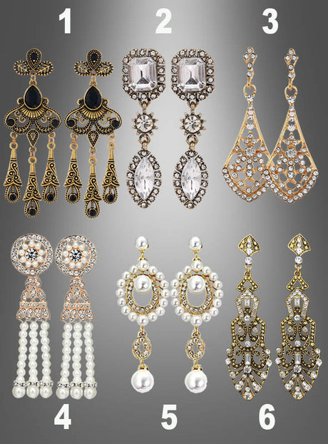 Sechs Paar Ohrringe aus der Kollektion „Goldene Ohrringe mit Perlen oder Edelsteinen“ sind vor einem grauen Hintergrund mit Farbverlauf zu sehen; jedes Paar ist von 1 bis 6 nummeriert und besticht durch elegante Designs mit Goldtönen, Perlen und funkelnden Edelsteinen.