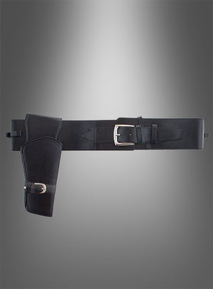 Pistolen-Gürtel mit Cowboy-Western-Holster aus schwarzem Leder mit silberner Schnalle, präsentiert vor einem grauen Hintergrund mit Farbverlauf.