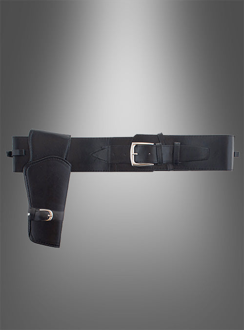 Pistolen-Gürtel mit Cowboy-Western-Holster aus schwarzem Leder mit silberner Schnalle, präsentiert vor einem grauen Hintergrund mit Farbverlauf.