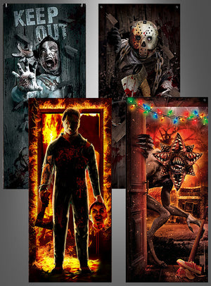 Verleihen Sie Ihrem Eingangsbereich mit der Halloween-Türdekoration (180 x 80 cm) eine ganz neue Note – einem Set aus vier Postern im Horror-Stil, darunter ein Zombie-Türposter, ein maskierter Mörder mit einer Machete, ein Mann, der einen abgetrennten Kopf hält, und ein Monster mit Blumen-Kiefer, das in der Nähe von Weihnachtsbeleuchtung lauert – perfekt, um Ihrer Halloween-Dekoration einen gruseligen Touch zu verleihen.