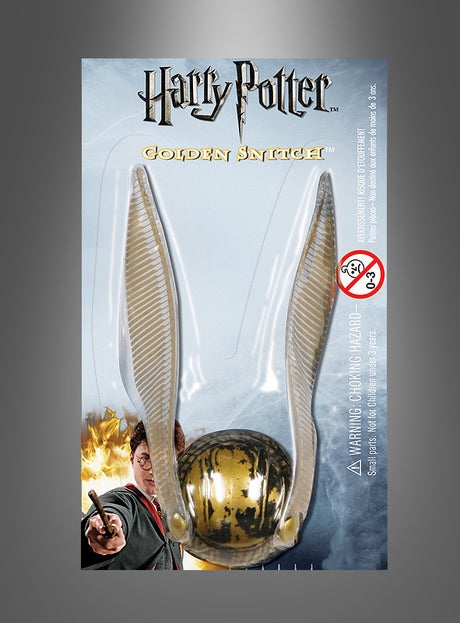Goldener Schnatz-Ball – Quidditch in einer Verkaufsverpackung, mit goldenem Ball und silbernen Flügeln – die perfekte Ergänzung zu jedem Harry-Potter-Kostüm. Das offiziell lizenzierte Produkt zeigt zudem ein Bild von Harry Potter mit Zauberstab sowie einen Warnhinweis vor verschluckbaren Kleinteilen.