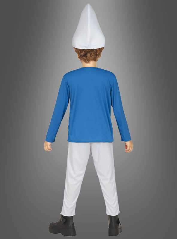 Ein als Schlumpf verkleidetes Kind ist von hinten zu sehen. Es trägt das „Blauer Zwerg“-Kinderkostüm – ein blaues Langarmhemd, eine weiße Hose, schwarze Stiefel und eine hohe, weiße, spitze Mütze. Dieses bezaubernde Zwergenkostüm für Kinder ist perfekt für jeden kleinen Fan und eignet sich ideal als Karnevalskostüm für Kinder auf Partys, alles vor einem grauen Hintergrund.
