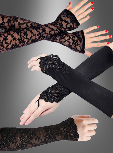 Vier Paar Arme tragen verschiedene „Fingerlose Handschuhe lang mit Spitze“ – darunter elegante Modelle aus schwarzer Spitze und Satin in Opernlänge –, die vor einem grauen Hintergrund mit Farbverlauf präsentiert werden.