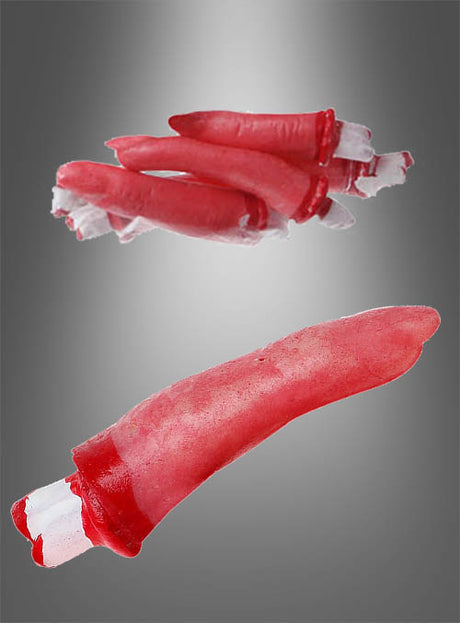 Drei Gummibonbons aus der Kollektion „Körperteile Halloween-Deko Finger“ in Form von blutigen Fingern in Rot und Weiß sind vor einem grauen Hintergrund mit Farbverlauf abgebildet – perfekt als gruselige Halloween-Deko oder für alle, die nach essbaren Körperteilen suchen, um ihr gruseliges Buffet abzurunden.