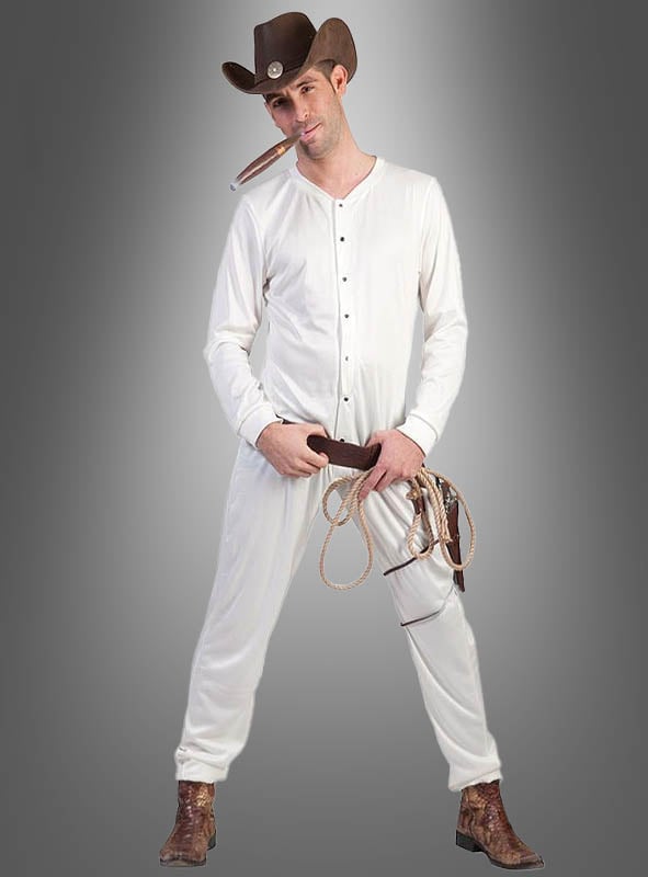 Ein Mann in Cowboy-Kostüm-Unterwäsche, dazu Cowboyhut und Stiefel, posiert mit einem Gürtel und einem Seil in der Hand – und einer Zigarre im Mund – vor einem grauen Hintergrund. Ideal für alle, die auf der Suche nach einem Wildwest-Herrenkostüm oder einem lustigen Cowboy-Outfit mit originellem Charme sind.