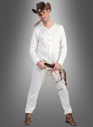 Ein Mann in Cowboy-Kostüm-Unterwäsche, dazu Cowboyhut und Stiefel, posiert mit einem Gürtel und einem Seil in der Hand – und einer Zigarre im Mund – vor einem grauen Hintergrund. Ideal für alle, die auf der Suche nach einem Wildwest-Herrenkostüm oder einem lustigen Cowboy-Outfit mit originellem Charme sind.