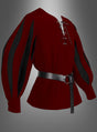 Das „Edles Mittelalter“-Hemd in Rot-Schwarz mit schwarzen, aufgeschlitzten Ärmeln, einer Schnürung vorne und einem passenden schwarzen Gürtel verkörpert perfekt den Look eines Renaissance-Herrenhemdes – ideal, um Ihr Musketier-Kostüm abzurunden. Abgebildet vor einem neutralen Hintergrund mit Farbverlauf.