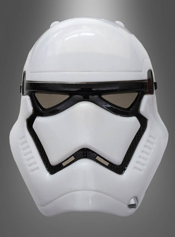 Stormtrooper-Maske der Ersten Ordnung für Kinder, im Stil des weißen Stormtrooper-Helms aus Star Wars, frontal vor einem grauen Farbverlauf präsentiert – die perfekte Wahl für jeden kleinen Star Wars-Fan.