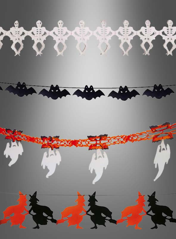 Vier Reihen Halloween-Girlanden aus Papier in Form von Skeletten, Fledermäusen, Geistern und Hexen sind vertikal vor einem grauen Hintergrund angeordnet – ideal, um Ihre Halloween-Dekoration aufzupeppen.