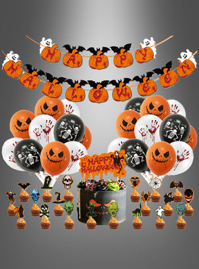 Verleihen Sie Ihrer Halloween-Party das gewisse Etwas – mit dem „Großen Halloween-Deko-Set schwarz-orange, 50 Teile“! Dieses Komplettset umfasst 50 Teile, darunter orangefarbene, schwarze und weiße Luftballons, thematisch passende Cupcake-Dekorationen sowie ein „Happy Halloween“-Banner mit Kürbissen, Fledermäusen und Geistern auf grauem Hintergrund. Schaffen Sie mit diesem umfassenden Halloween-Dekorationsset eine gruselig-spektakuläre Atmosphäre für Ihre Feier!.
