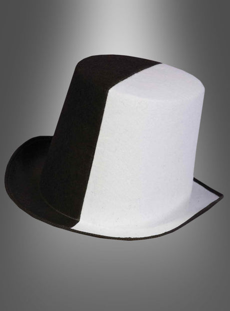 Wir präsentieren den „Zylinder schwarz-weiß“: Dieser auffällige zweifarbige Zylinder ist auf der einen Seite in elegantem Schwarz und auf der anderen in strahlendem Weiß gehalten und erinnert an den zeitlosen Look eines Harlekin-Kostüms. Für zusätzliche Eleganz wird er vor einem dezenten grauen Farbverlaufshintergrund präsentiert.