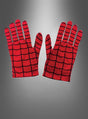 Ein Paar Spider-Man-Handschuhe für Erwachsene in Rot mit schwarzem Gittermuster, inspiriert von Spider-Mans legendärem Kostüm und ideal für jedes Herrenkostüm oder jedes Marvel-Superhelden-Outfit, präsentiert vor einem grauen Hintergrund mit Farbverlauf.