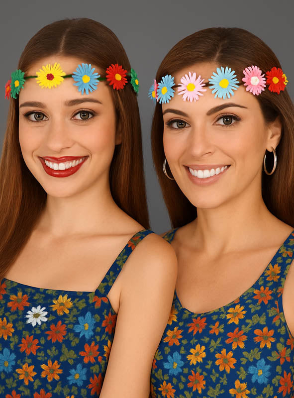 Zwei Frauen in blauen Blumenkleidern und bunten Stirnbändern mit Blumen lächeln vor einem schlichten grauen Hintergrund in die Kamera und verkörpern mit ihrem fröhlichen Hippie-Outfit perfekt die ausgelassene Stimmung einer Flower-Power-Party.