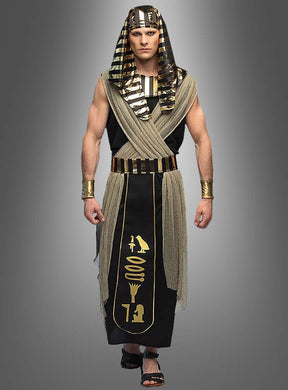 Eine Person im Pharao-Anubis-Kostüm für Herren, bestehend aus einem gold-schwarzen Kopfschmuck, passenden Armbändern und einer langen schwarzen Robe, die mit goldenen Symbolen verziert ist – ein auffälliges Ensemble, das die königliche Ausstrahlung des alten Ägyptens verkörpert und den geheimnisvollen, von Anubis inspirierten Stil widerspiegelt.
