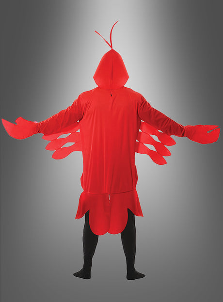 Eine Person, die das Hummer-Krebs-Unisex-Kostüm trägt – in leuchtendem Rot, mit Scheren und Antennen –, steht mit ausgebreiteten Armen vor einem grauen Hintergrund mit Farbverlauf und ist damit die ideale Wahl für alle, die ein auffälliges Tierkostüm für Damen und Herren oder ein lustiges Krebskostüm für Erwachsene suchen.