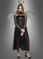 Eine Frau, die ein „Todesengel“-Spitzenkleid für Mädchen mit Totenkopf-Motiv, schwarzen Engelsflügeln, einem schwarzen Heiligenschein und schwarzen Schuhen trägt, steht vor einem grauen Hintergrund mit Farbverlauf.