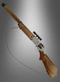 Das „Texas Ranger Gewehr für Cowboys“ verfügt über einen braunen Holzschaft, einen silbernen Verschluss mit gravierten Details, ein montiertes Zielfernrohr und einen Lederriemen und verkörpert damit den klassischen Stil, der ideal zu jedem Cowboy-Kostüm passt. Dargestellt vor einem grauen Hintergrund mit Farbverlauf.