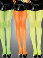 Drei Frauen in neonfarbenen Netzstrumpfhosen in Grün, Orange und Gelb, kombiniert mit schwarzen Miniröcken und schwarzen Stöckelschuhen, stehen Seite an Seite vor einem grauen Hintergrund – ein perfektes Karnevalsaccessoire für Damen, das jeden Retro-Party-Look abrundet.