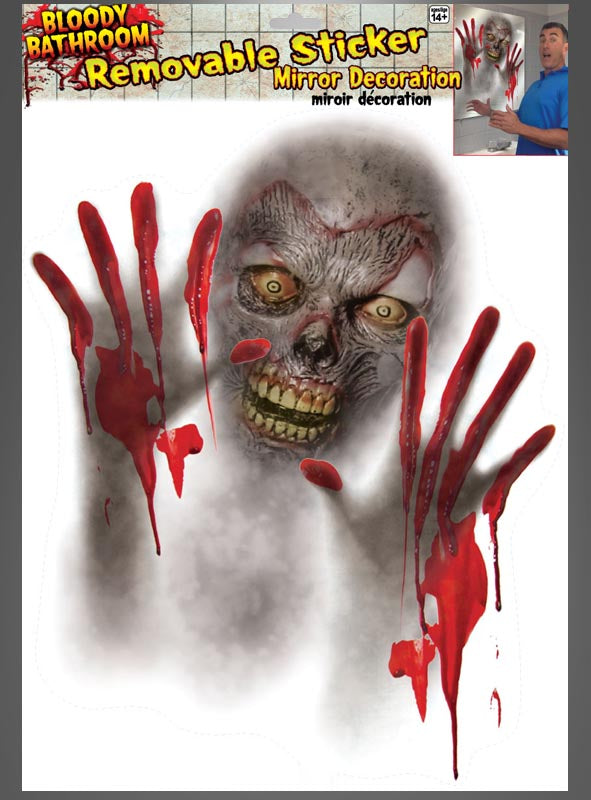 Gruseliges Spiegelbild – Zombie-Gesicht mit blutigen Händen als abnehmbarer Aufkleber für die Spiegeldekoration, ideal als Spiegelaufkleber und Halloween-Deko. Dieser gruselige Aufkleber sorgt für einen schaurigen Effekt; oben rechts ist die Anbringung zu sehen.