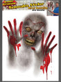 Gruseliges Spiegelbild – Zombie-Gesicht mit blutigen Händen als abnehmbarer Aufkleber für die Spiegeldekoration, ideal als Spiegelaufkleber und Halloween-Deko. Dieser gruselige Aufkleber sorgt für einen schaurigen Effekt; oben rechts ist die Anbringung zu sehen.
