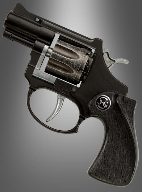 Ein schwarzer R8-Revolver für Agenten mit strukturiertem Griff, Metallabzug und sichtbarem Zylinder wird vor einem grauen Hintergrund mit Farbverlauf präsentiert – diese Spielzeugpistole ist im Stil einer 8-Schuss-Pistole gestaltet und eignet sich perfekt für fantasievolles Spielen oder als krönender Abschluss eines Agenten-Kostüms.