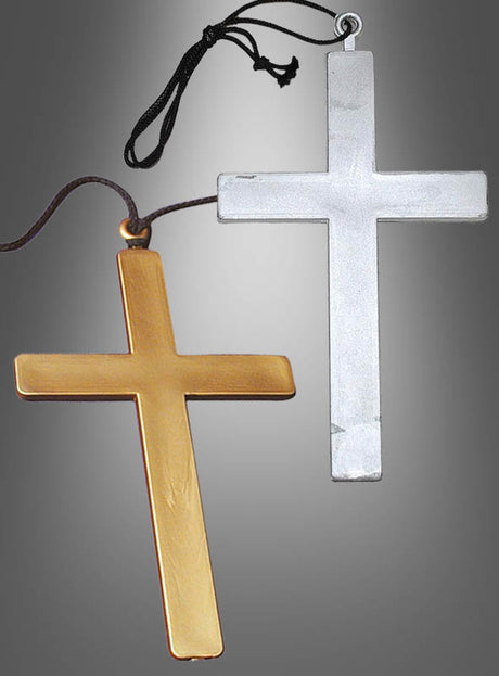 Ein Kreuzkette-Kruzifix für Mönche und Nonnen aus Gold sowie ein weiteres aus Silber, jeweils mit einer schwarzen Kordel, sind vor einem grauen Hintergrund mit Farbverlauf abgebildet.