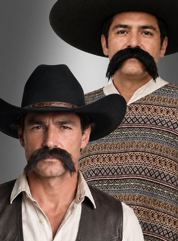 Zwei Männer mit großen Schnurrbärten und Cowboyhüten posieren vor einem grauen Hintergrund; der eine verkörpert den Cowboy-Bart-Look in einem gemusterten Pullover, während der andere eine Lederweste und ein Hemd mit Kragen trägt – beide präsentieren einen beeindruckenden Schnurrbart für Herren.