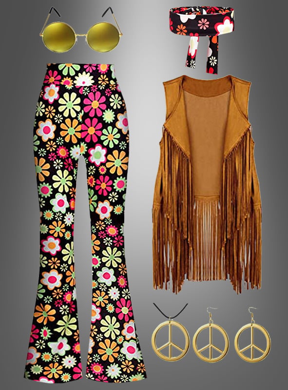 Entdecken Sie den echten „Flower Power“-Stil mit dem Hippie-Kostüm mit Zubehör „Night Flower“: Dieses von den 70er Jahren inspirierte Outfit umfasst eine geblümte Schlaghose, eine braune Weste mit Fransen, eine runde gelbe Sonnenbrille, ein passendes geblümtes Stirnband und goldene Peace-Zeichen-Ohrringe – perfekt für alle, die einen authentischen Hippie-Look suchen.
