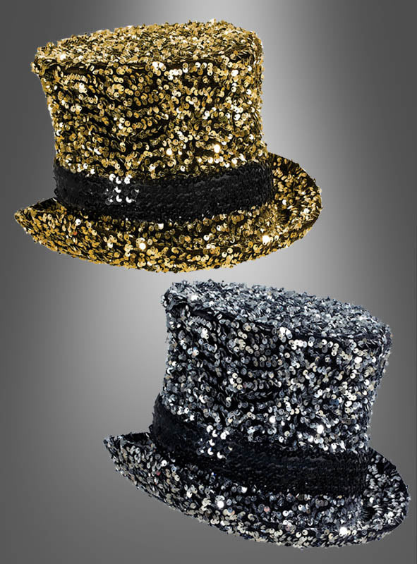 Zwei „Pailletten Zylinder Deluxe“-Zylinder – einer in Gold und einer in Silber –, die jeweils mit einem schwarzen Band verziert sind, werden vor einem grauen Hintergrund mit Farbverlauf präsentiert und eignen sich somit perfekt, um jedem festlichen Anlass eine elegante Note zu verleihen.