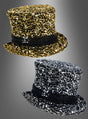 Zwei „Pailletten Zylinder Deluxe“-Zylinder – einer in Gold und einer in Silber –, die jeweils mit einem schwarzen Band verziert sind, werden vor einem grauen Hintergrund mit Farbverlauf präsentiert und eignen sich somit perfekt, um jedem festlichen Anlass eine elegante Note zu verleihen.