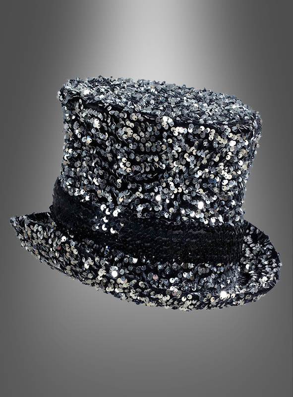 Paillettenzylinder Deluxe in Silber, bedeckt mit glänzenden Pailletten, präsentiert vor einem grauen Farbverlaufshintergrund.