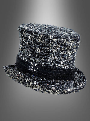 Paillettenzylinder Deluxe in Silber, bedeckt mit glänzenden Pailletten, präsentiert vor einem grauen Farbverlaufshintergrund.