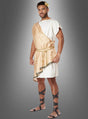 Ein Mann, gekleidet im „Toga-Party-Kostüm des griechischen Gottes Apollo“ – bestehend aus einer weißen Tunika mit goldener Schärpe, einem goldenen Lorbeerkranz und schwarzen Schnürsandalen – steht vor einem grauen Hintergrund und verkörpert damit perfekt das Erscheinungsbild des griechischen Gottes Apollo.