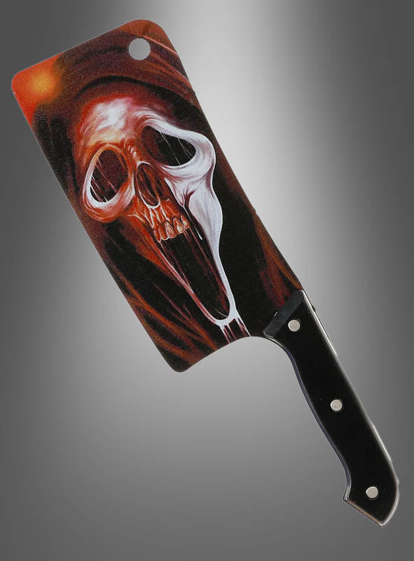Das „Halloween Beil Scream“ oder „Totenkopf“ ist ein großes Küchenbeil mit schwarzem Griff und einer bemalten Klinge, auf der ein gespenstischer, schreiender Totenkopf vor dunklem Hintergrund abgebildet ist – damit ist dieses auffällige Horror-Accessoire die ideale Ergänzung für Ihre Kostümzubehör-Sammlung zu Halloween.