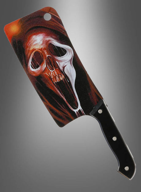 Das „Halloween Beil Scream“ oder „Totenkopf“ ist ein großes Küchenbeil mit schwarzem Griff und einer bemalten Klinge, auf der ein gespenstischer, schreiender Totenkopf vor dunklem Hintergrund abgebildet ist – damit ist dieses auffällige Horror-Accessoire die ideale Ergänzung für Ihre Kostümzubehör-Sammlung zu Halloween.