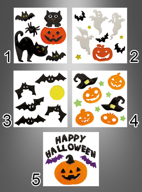 Fünf Sets mit Halloween-Aufklebern, bestehend aus wiederverwendbaren Gel-Fensteraufklebern aus dem Halloween-Fensterdekorationsset (20 x 19 cm), darunter schwarze Katzen, Kürbisse, Geister, Fledermäuse, Hexenhüte, Sterne und ein „Happy Halloween“-Schriftzug mit einem Kürbis und Fledermäusen – perfekt für Ihre festliche Halloween-Fensterdekoration.