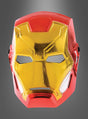 Eine glänzende, rot-goldene Iron-Man-Maske in Metalloptik, inspiriert vom legendären Marvel-Comic-Helden, vor einem grauen Hintergrund mit Farbverlauf.
