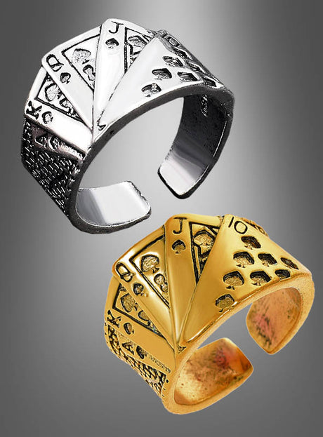 Zwei verstellbare Ringe mit offenem Band, die in Form eines Spielkartenfächers gestaltet sind – einer in Silberoptik, der andere in Gold –, werden vor einem grauen Hintergrund mit Farbverlauf präsentiert. Diese „Spielkarten-Ringe Casino verstellbar“ sind ideal für jeden Kartenliebhaber und fangen mit ihrem unverwechselbaren Design die Spannung von Casino-Abenden ein und erinnern an den Reiz eines Royal Flush.