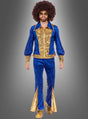 Eine Person, die den „Glitzer Disco Anzug“ in Blau-Gold trägt – mit ausgestelltem Hosenbein und Pailletten-Details –, dazu goldene Schuhe, eine große Afro-Perücke und eine Sonnenbrille, vor einem grauen Hintergrund mit Farbverlauf.