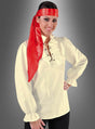 Eine Person, die eine cremefarbene Piratenbluse für Damen mit Schnürung und ein rotes Satin-Stirnband trägt, steht vor einem grauen Hintergrund mit Farbverlauf.
