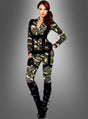 Eine Frau in einem figurbetonten Fallschirmjägerin-Overall mit schwarzen Gurten, schwarzen Handschuhen und kniehohen schwarzen Stiefeln, die vor einem grauen Hintergrund steht – dieser sexy Jumpsuit verkörpert den kühnen Geist eines Armee-Kostüms für Damen mit markantem, selbstbewusstem Flair.