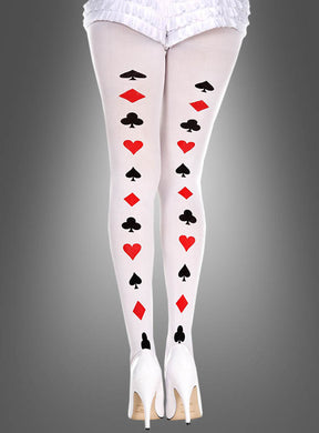 Eine Person, die die „Weiße Strumpfhose im Casino-Poker-Stil“ mit Spielkartenmuster und weiße Schuhe mit hohen Absätzen trägt, fotografiert von der Taille abwärts vor einem grauen Hintergrund – perfekt für eine Las-Vegas-Mottoparty.